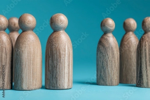 Fototapeta Wooden figurines, light brown and a darker shade, in a row, one different, on a light teal background