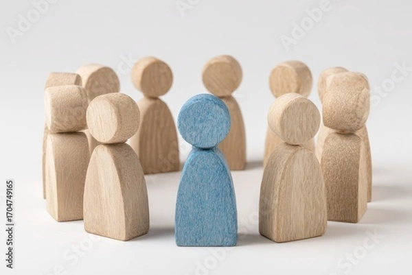Fototapeta Wooden figures, a single blue one in a circle