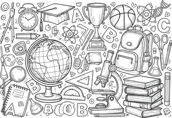 Fototapeta Intricate black and white doodle illustration of various school and educational supplies in a chaotic yet organized composition