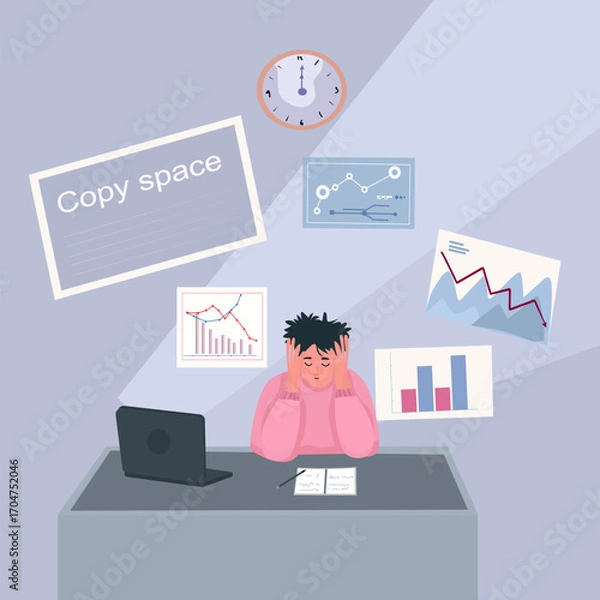 Fototapeta Overworked Businessman with Office Documents and Declining Chart 