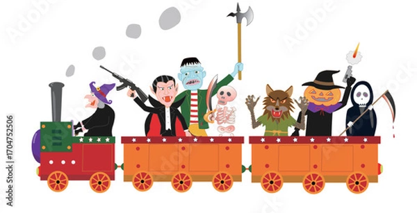 Fototapeta 蒸気機関車でパレードしているハロウィンのキャラクターたち。