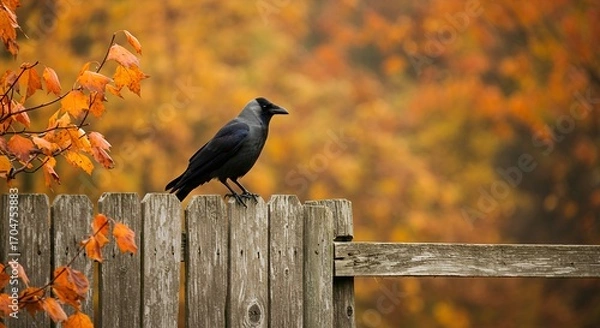 Obraz Raven on wooden fence autumn