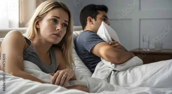 Fototapeta Relationship Trouble Unhappy Couple in Bed, Facing Away with Relationship Problem