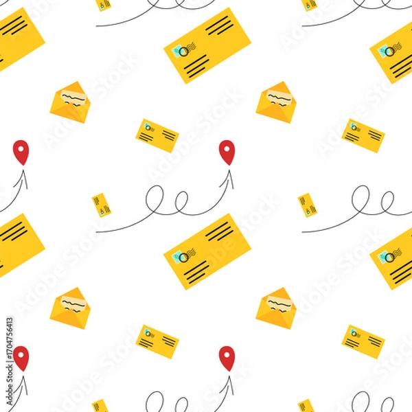 Fototapeta Bright and playful pattern of envelopes and location markers on a light background