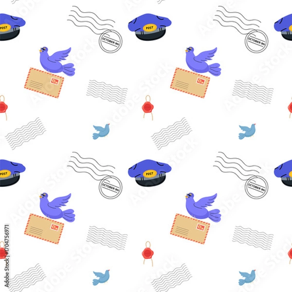 Fototapeta Colorful pattern featuring postal elements and birds illustrating communication concepts