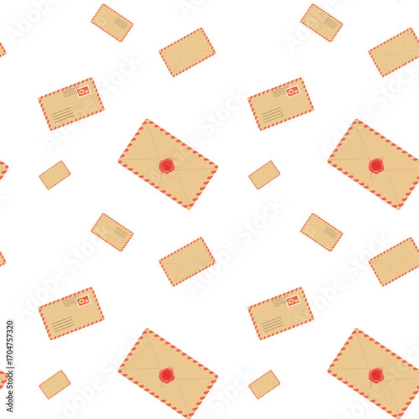 Fototapeta Colorful envelopes scattered across a white background create a cheerful postal theme
