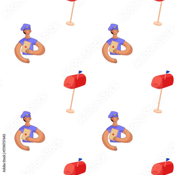 Fototapeta Fun and colorful illustration of a muscular mail carrier with mailboxes in a playful pattern