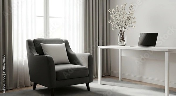 Fototapeta Sunlit Sanctuary - A Modern Home Office with a Plush Grey Armchair and Minimalist Desk.