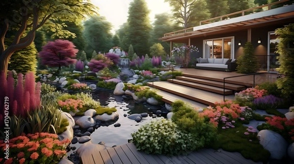 Fototapeta Tranquil garden oasis with serene stream and modern architecture blending with nature