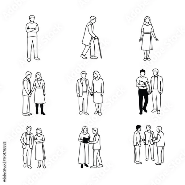 Fototapeta A diverse collection of handdrawn people illustrations including individuals couples and groups in various life stages.