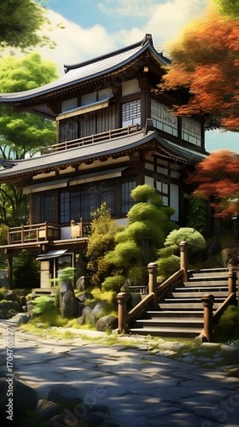 Fototapeta Tranquil japanese architecture amidst vibrant autumn foliage and serene garden scenery
