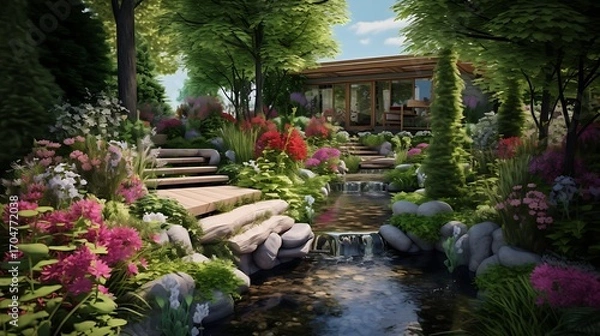 Fototapeta Tranquil retreat: Lush backyard garden with stream and modern architecture integration