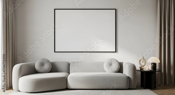 Fototapeta Modern minimalist living room interior design mockup with grey sofa and blank canvas for artwork or advertisement