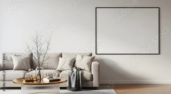 Fototapeta Modern living room interior design mockup with beige sofa and large empty frame for your artwork or advertising