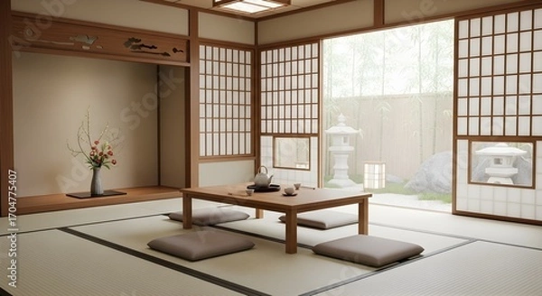 Fototapeta Tranquil Japanese room with tatami mats low table and garden view interior
