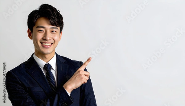Obraz 指差しで案内する笑顔のビジネスマン　コピースペース