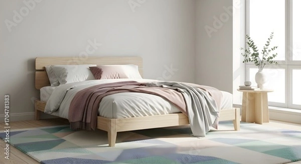 Fototapeta Modern wooden bed with layered bedding and decorative throw blankets beside a window