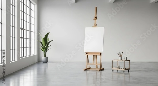 Fototapeta Blank canvas on wooden easel in bright studio with large windows and plant