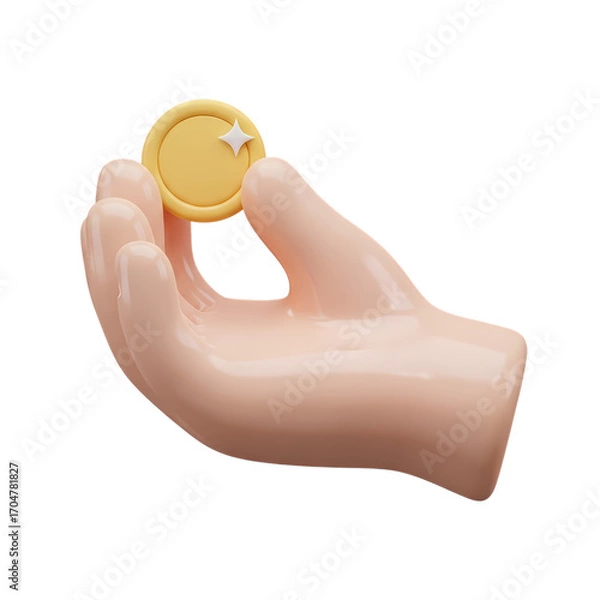 Fototapeta 3D Render: Hand Holding a Coin -  Financial Transaction Icon, Payment, Currency, Investment, Banking, Business Asset