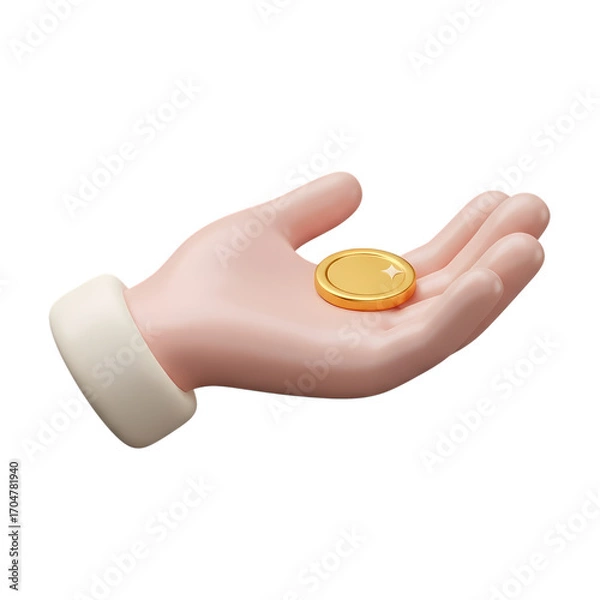 Fototapeta 3D Render: Hand Holding a Coin -  Financial Transaction Icon, Payment, Currency, Investment, Banking, Business Asset