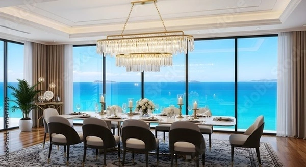 Fototapeta Luxurious dining room with ocean view crystal chandelier and elegant table setting