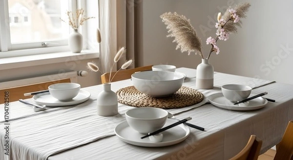 Fototapeta Minimalist table setting with white ceramic dishes chopsticks and dried floral arrangements