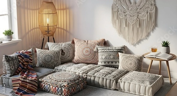 Fototapeta Bohemian floor seating arrangement with patterned cushions macrame wall hanging and a bamboo lamp