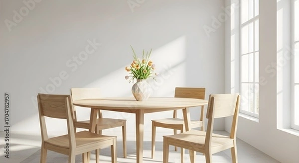 Fototapeta Light wooden dining table with chairs and vase of flowers by large window