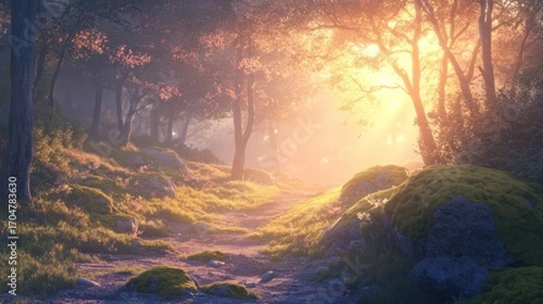 Fototapeta Sunlit path through a mystical forest (1)