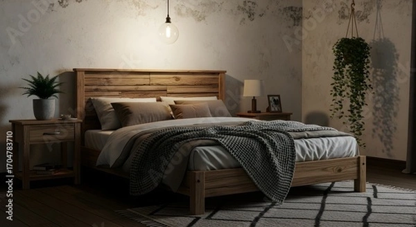 Fototapeta Rustic wooden bed with textured walls and hanging plant in a dimly lit room