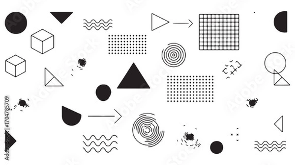 Fototapeta Set of lots of vector geometric shapes. Memphis trendy graphic elements. Template for your project, advertising, banner, poster, t-shirt