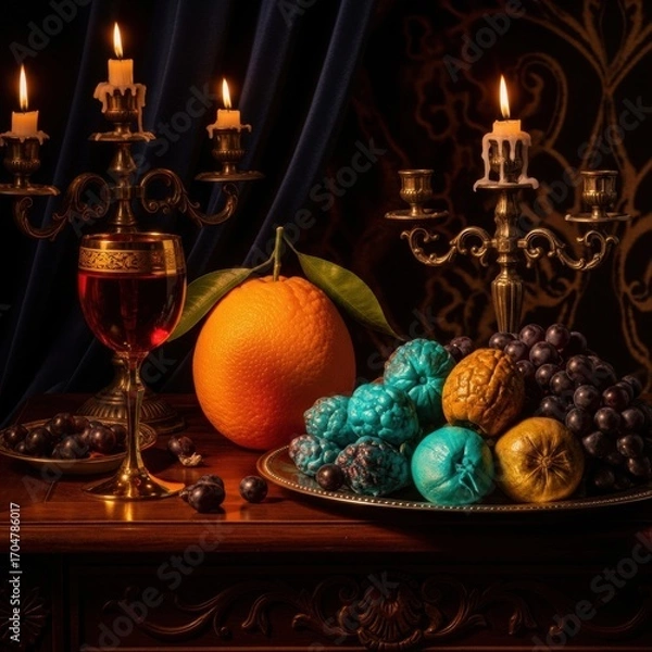 Fototapeta Victorian Still Life With Grapes Oranges and Candles
