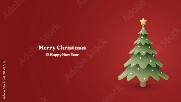 Fototapeta Merry Christmas and Happy New Year calligraphy with 3D decorated Christmas tree on red background graphic illustration.