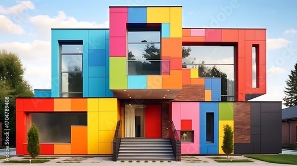 Fototapeta Vibrant patchwork facade modern house design displaying multicolored architectural paneling