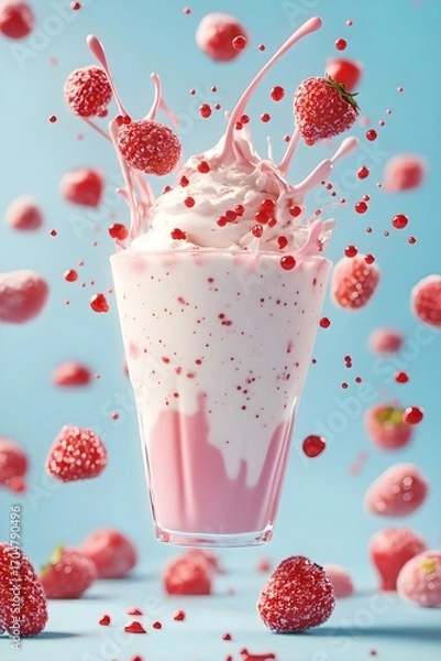 Fototapeta Strawberry milkshake splash with frozen strawberries