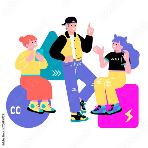 Fototapeta ポップでカラフルなZ世代の若者　ディスカッションをするイラスト