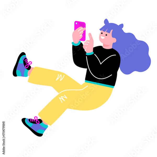 Fototapeta ポップでカラフルなZ世代の若者　スマホを使う女性のイラスト