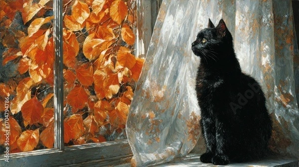 Obraz Black Cat Appreciation, feline silhouette at autumn window, golden leaves and cozy curtain light in peaceful indoor calm, reflective stillness and painterly warmth for seasonal home storytelling