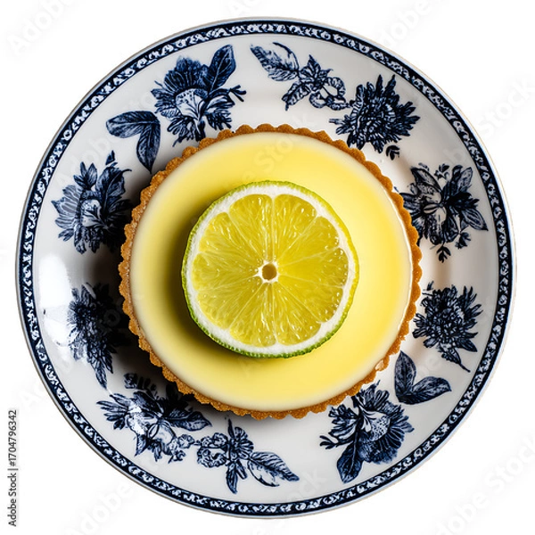 Fototapeta Lemon tart with a slice of lime on top, presented on a decorative ceramic plate, top-down view.
