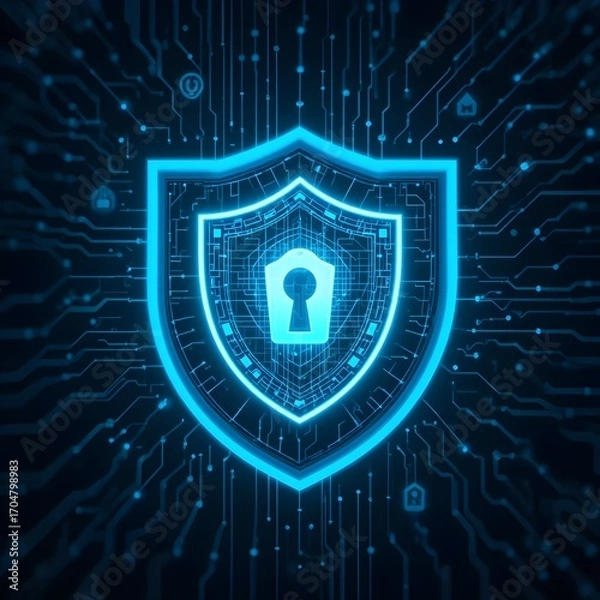 Fototapeta Cyber security digital shield icon glowing on dark background, technology protection concept