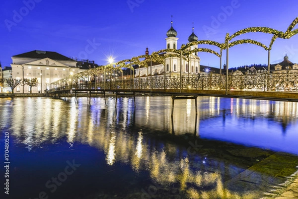 Obraz Liuzern with christmas lights reflected in the water