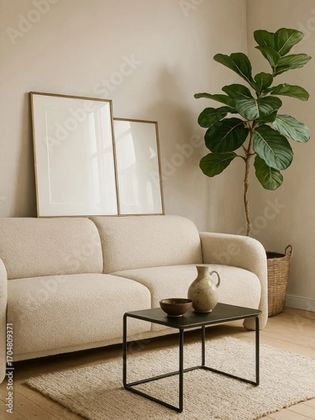 Obraz Two mockup poster frames in a serene Scandinavian-style living room with a beige rounded sofa, black metal-frame coffee table, light textured rug, and fiddle-leaf fig plant