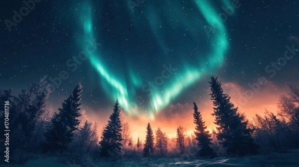 Fototapeta Aurora Borealis Dancing Over a Snowy Forest