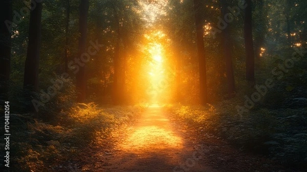 Fototapeta Golden Hour Path: A Mystical Forest Trail bathed in Sunlight