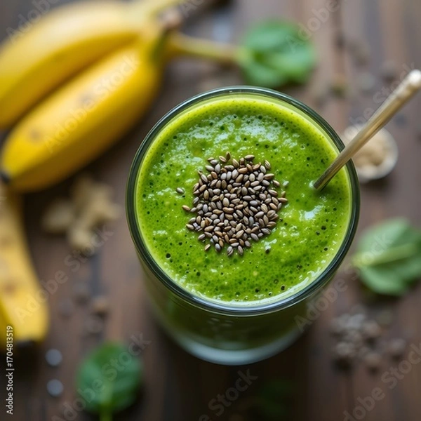 Fototapeta Top view of healthy green smoothie with spinach, banana and chia seeds on wooden table