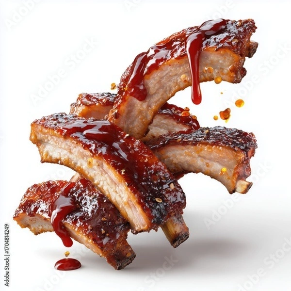 Fototapeta Succulent grilled ribs, glazed with a sweet sauce, elevated on a white canvas background.