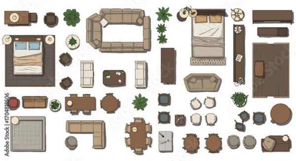 Fototapeta furniture top view floor plan with sofa beds tables chairs and decor accessories for interior design projects and architectural layouts.