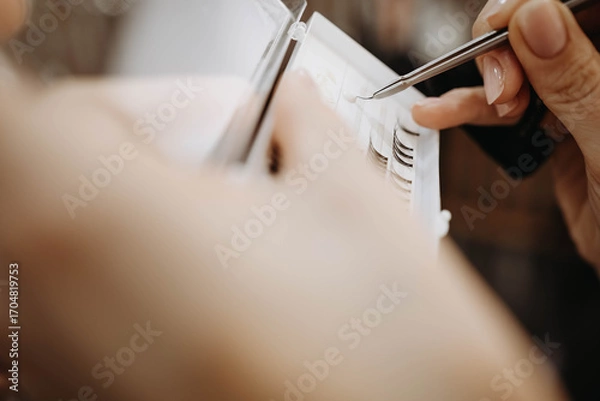 Fototapeta Eyelash extensions. Hand of makeup artist takes eyelashes with tweezers for subsequent gluing of extensions
