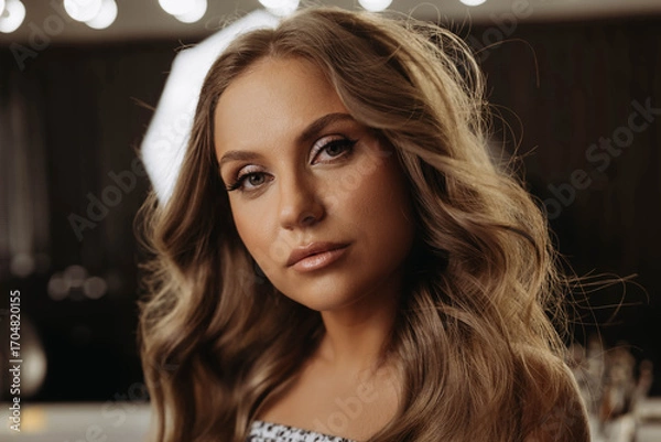 Obraz Portrait of attractive young woman with wavy hair. Behind woman there is mirror and lights of beauty salon. Model looks expressively at camera. Close-up