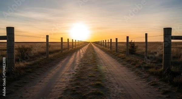 Obraz Rural Dirt Track with Fences Converging Towards a Glowing Sunset on the Horizon